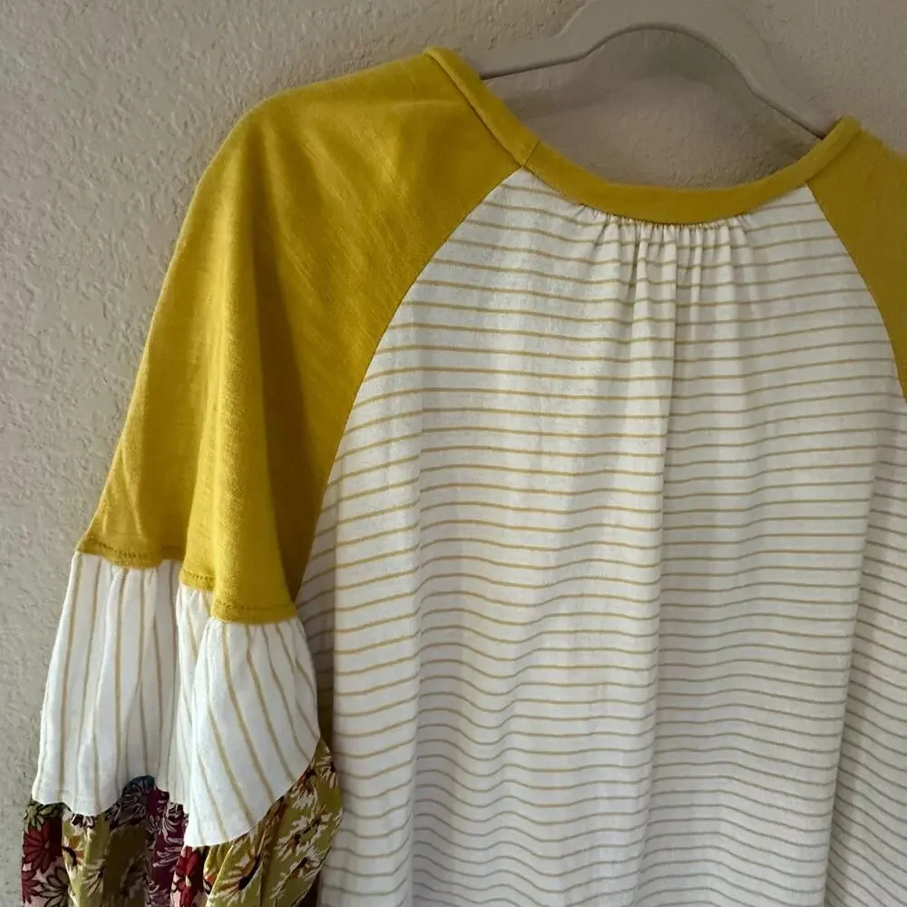 Umgee | Size L Yellow Striped Floral Sleeve Shirt Bubble Sleeve Boho Vintage