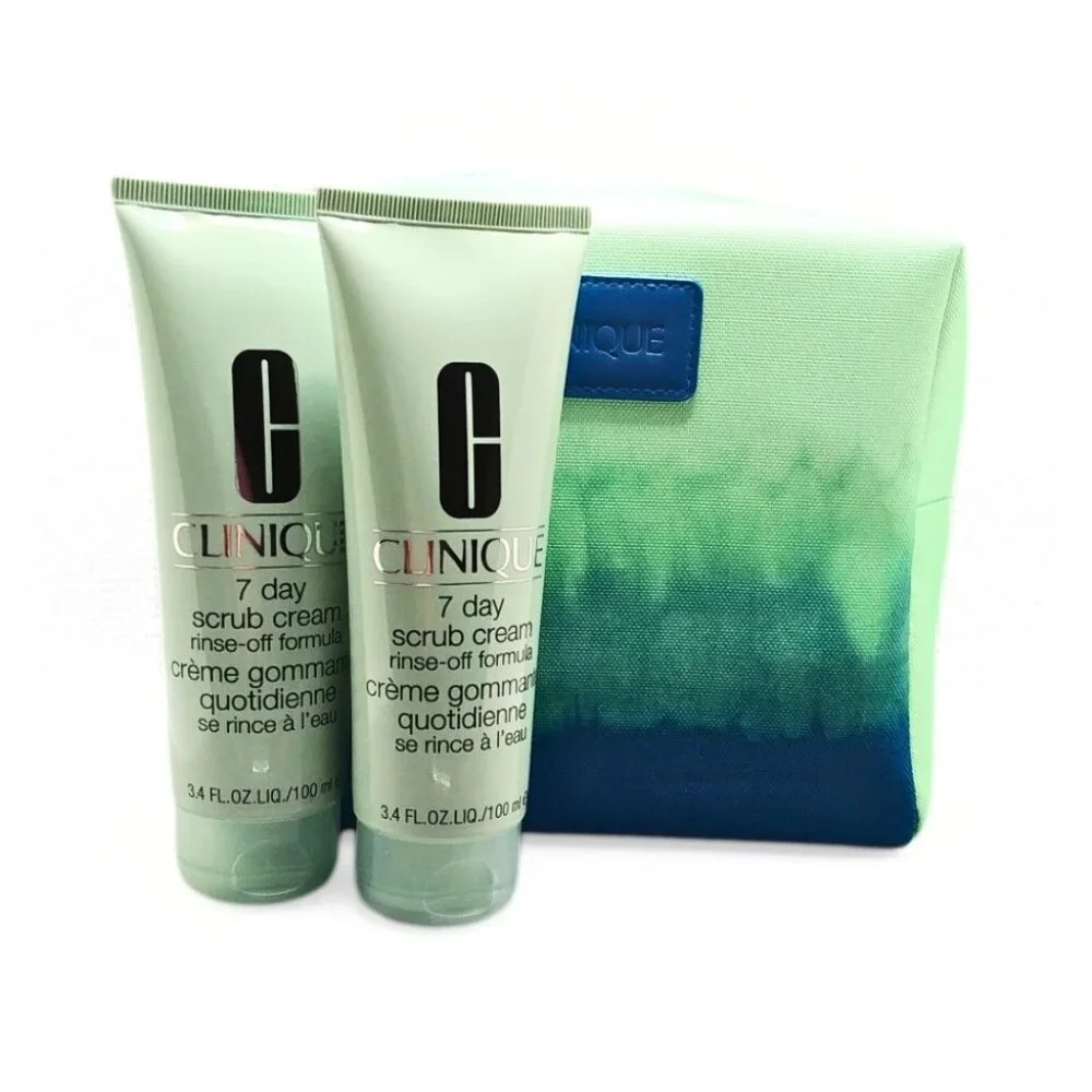 2X CLINIQUE 7 Day Scrub Cream Rinse-Off Formula Makeup Bag Bundle