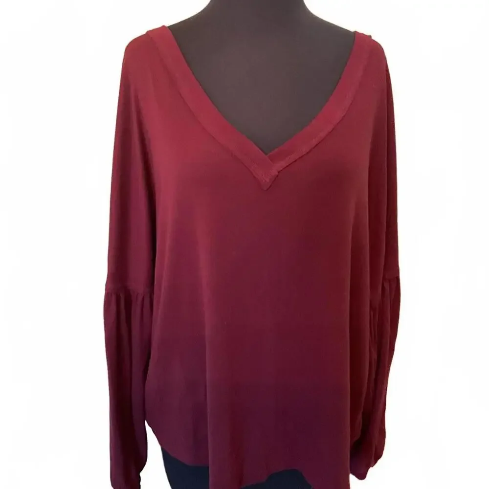 Wine Red V Neck Sweatshirt Pullover