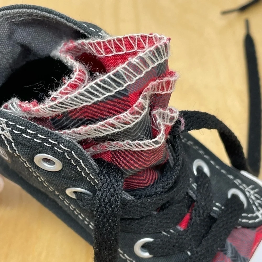 Converse * Ruffled Tongue Black/Buffalo Plaid Chuck Taylor High Top Sneakers