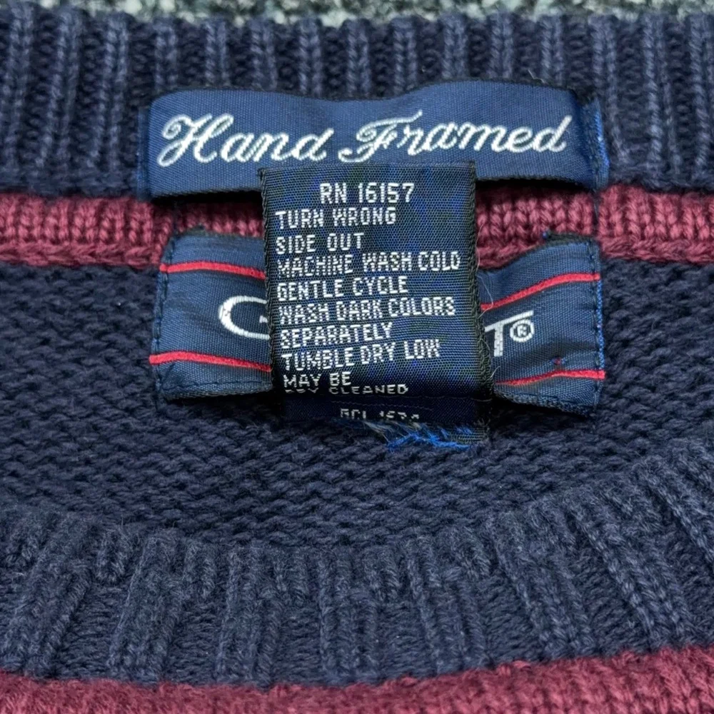 Vtg Gant Mens XL Navy Blue Cotton Golfer Embroidered Knit Sweater Hand Framed