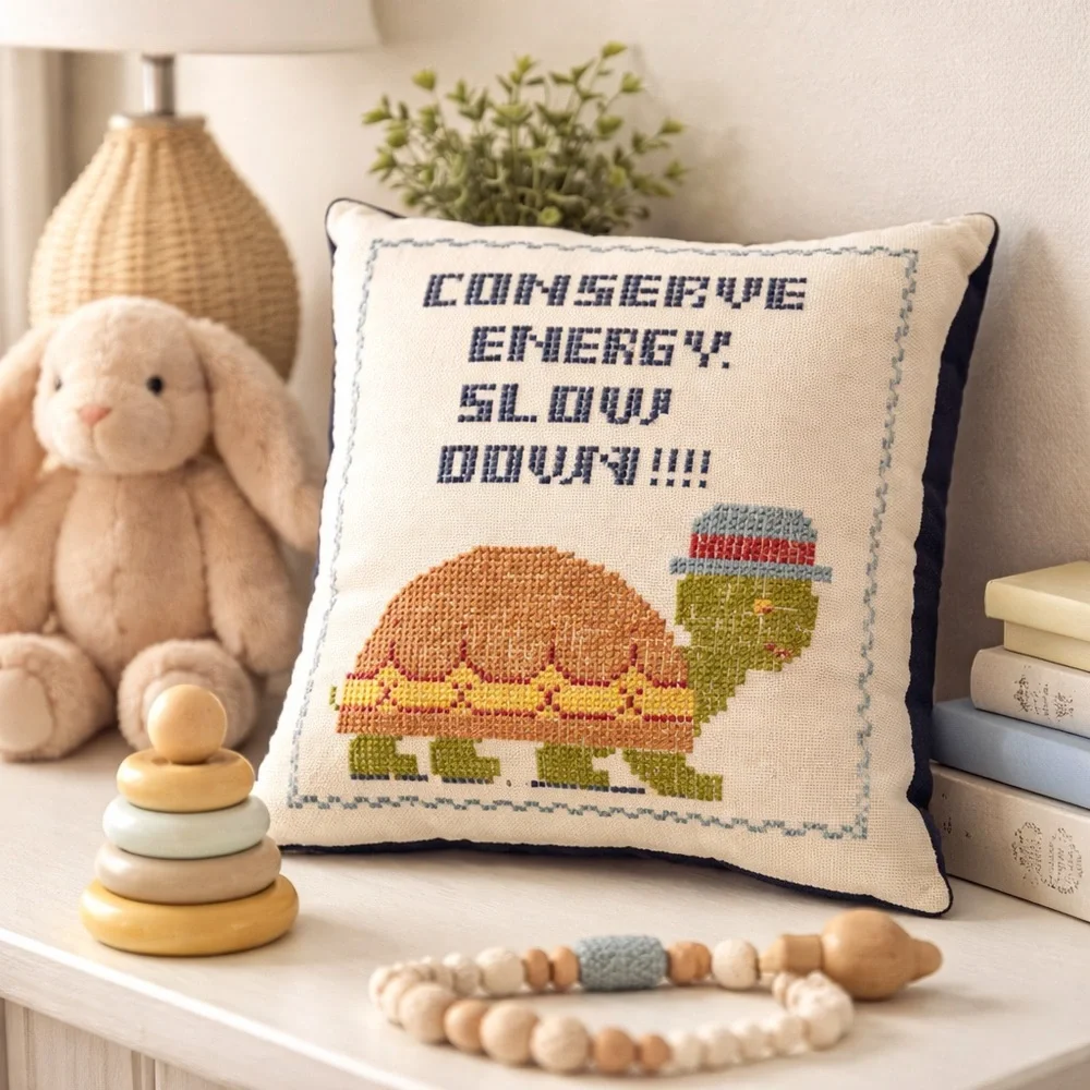 Vintage 9”x9” Cross Stitch Turtle Pillow Handmade 1980s-90s