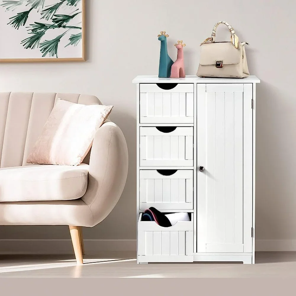 Small Wooden White Storage Cabinet 4 Drawers and 1 Cupboard Adjustable Shelf