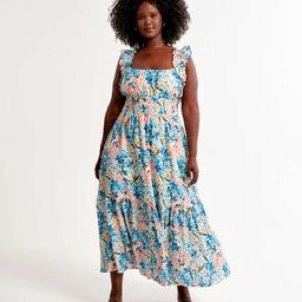 Abercrombie & Fitch Floral Smocked Maxi Dress Blue Pink Ruffle XS 159D2300