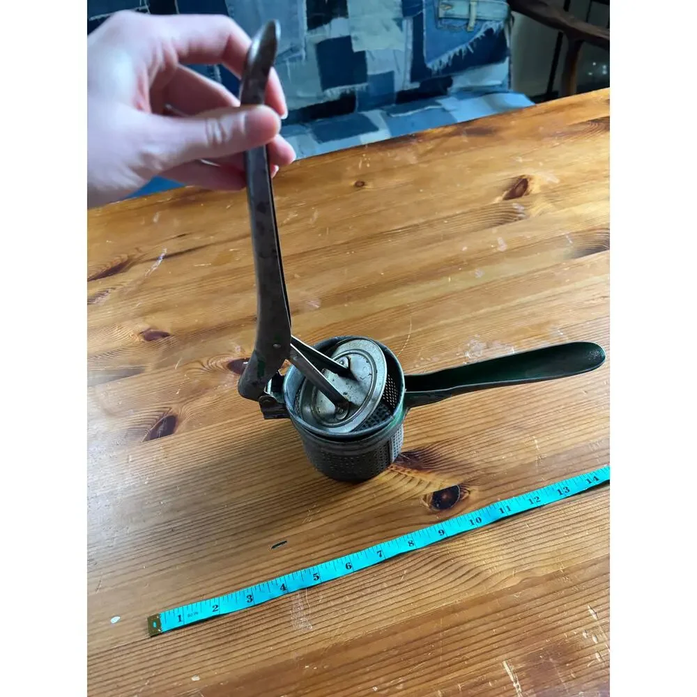 Vintage 1950s Metal Potato Ricer Green Handle Mid Century Modern Kitchen Tool