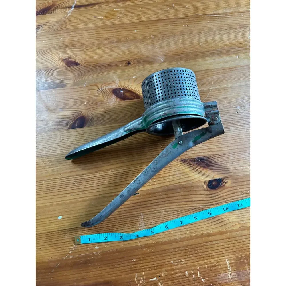 Vintage 1950s Metal Potato Ricer Green Handle Mid Century Modern Kitchen Tool