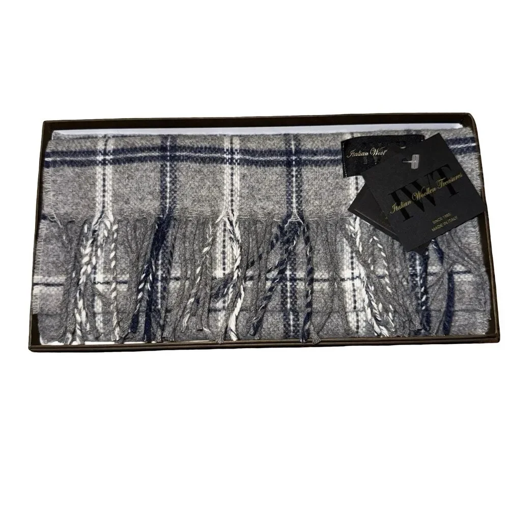 NWT Linea Emmeti MT Cashmere+Wool Gray Plaid Stripe w/Fringe Made Italy Gift Box