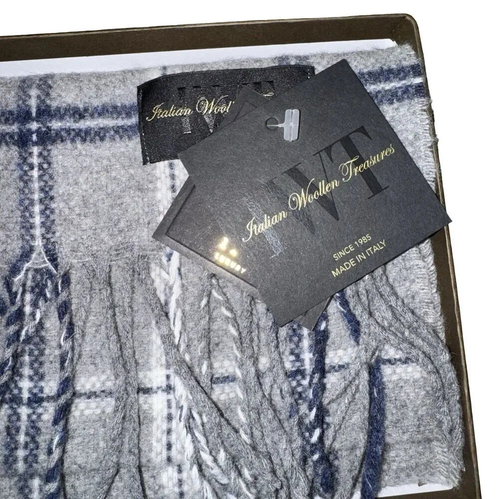 NWT Linea Emmeti MT Cashmere+Wool Gray Plaid Stripe w/Fringe Made Italy Gift Box