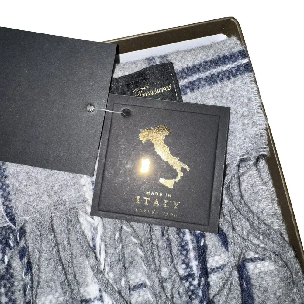 NWT Linea Emmeti MT Cashmere+Wool Gray Plaid Stripe w/Fringe Made Italy Gift Box