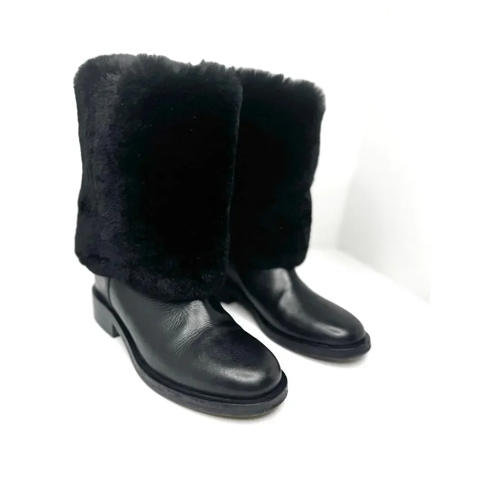 Chanel Black Fur Calfskin Fold Over CC Logo Ankle Boots Women Size EU 37.5