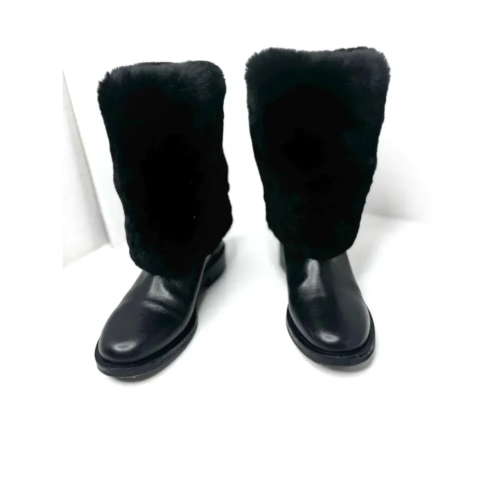 Chanel Black Fur Calfskin Fold Over CC Logo Ankle Boots Women Size EU 37.5