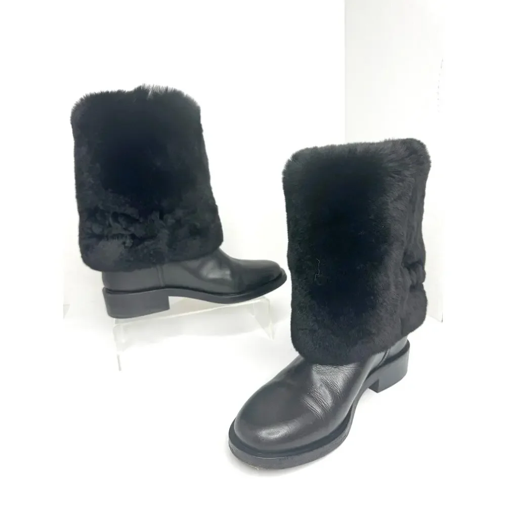 Chanel Black Fur Calfskin Fold Over CC Logo Ankle Boots Women Size EU 37.5