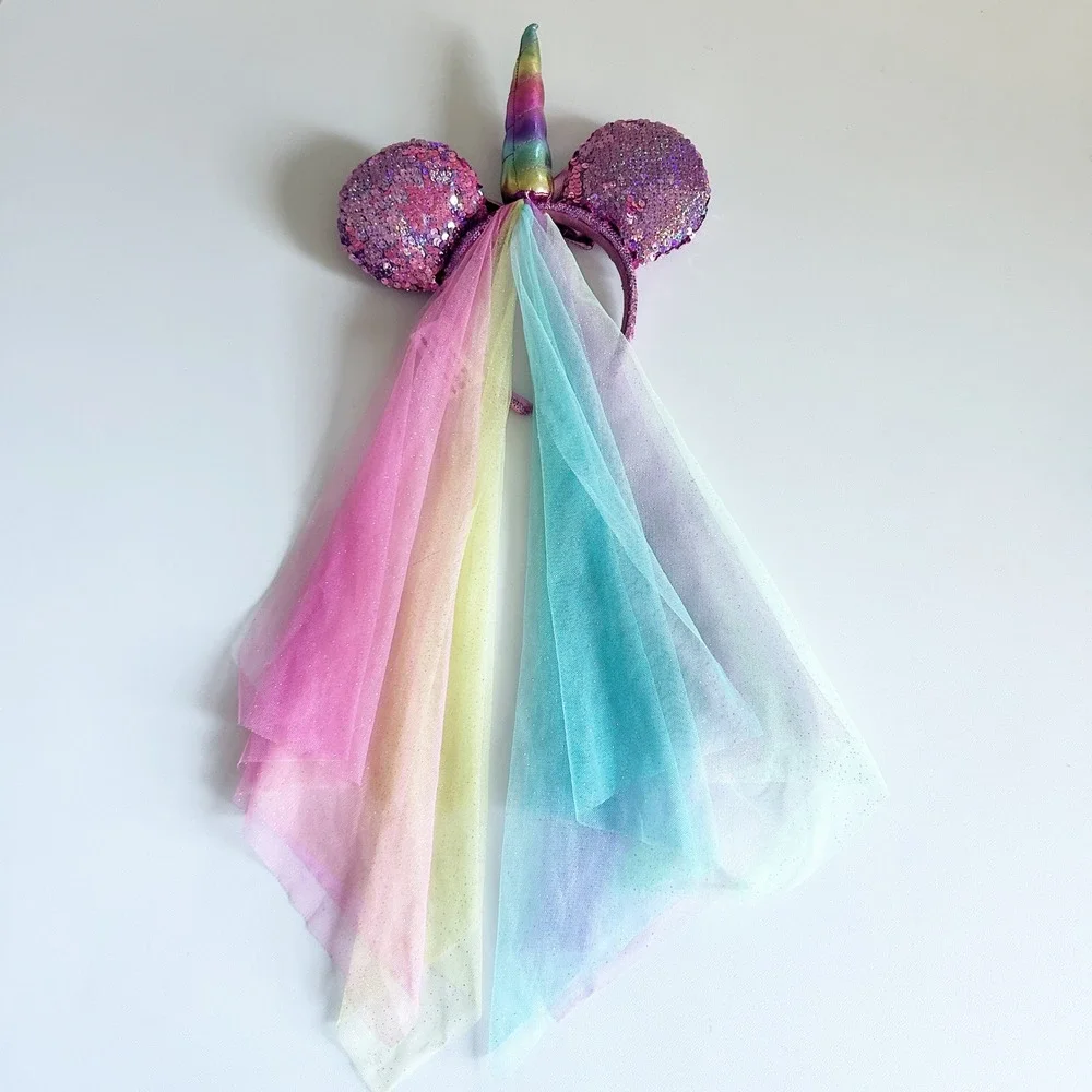 Disney Girls Unicorn Rainbow Sequin Pastel Fairycore Ears Minnie Ears Headband