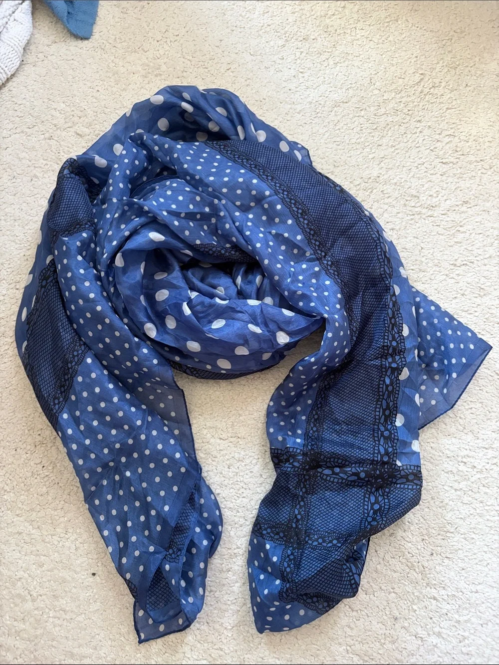 Italian Silk Blue Polka Dot Lightweight Scarf - Unbranded