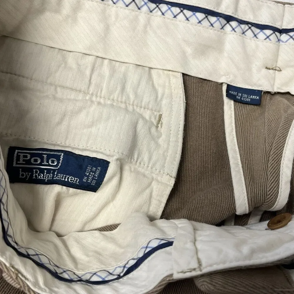 VTG Polo Ralph Lauren 36x32 Beige Twill Leather Trim Pocket Chino Pant Trouser
