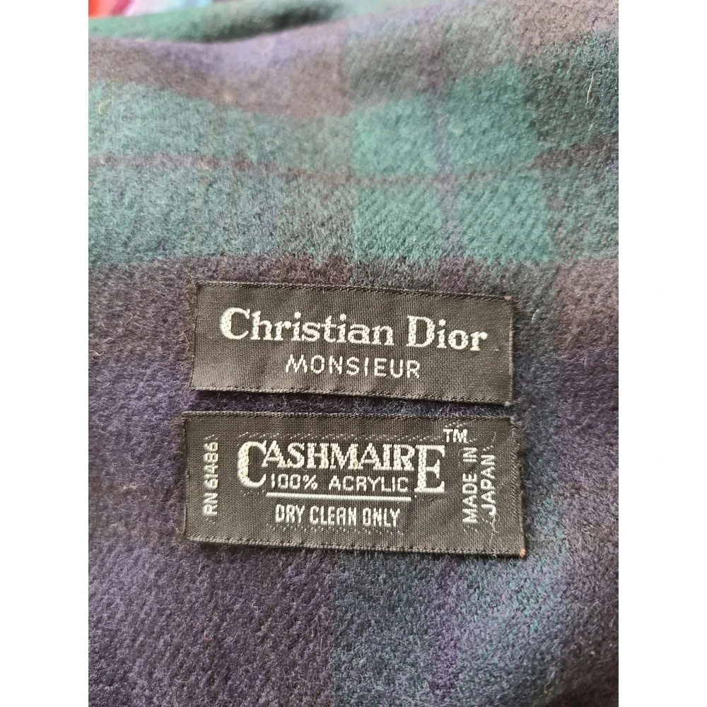 VTG Christian Dior Monsieur Cashmaire Scarf Blue Green‎ Plaid Dark Watch Tartan