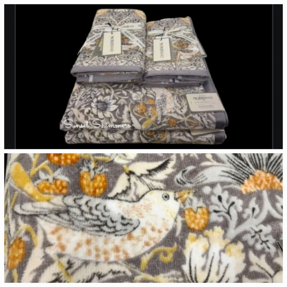 6pc Morris & Co Strawberry Thief Bird & Floral Velour Bath Hand Tip Towel Set