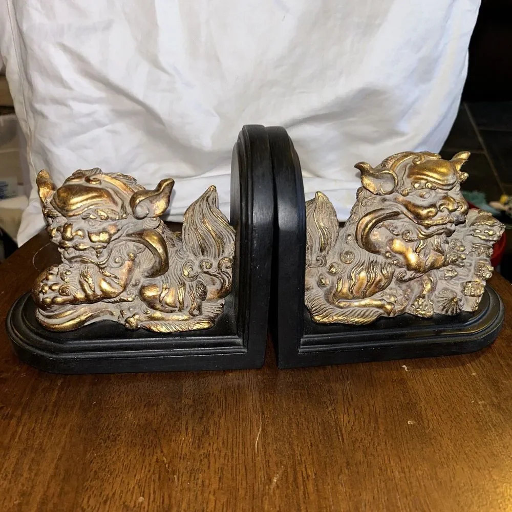 Foo Dog Chinese Bookends Golden Colored Heavy Asian‎ Decorative Bookshelf Ends