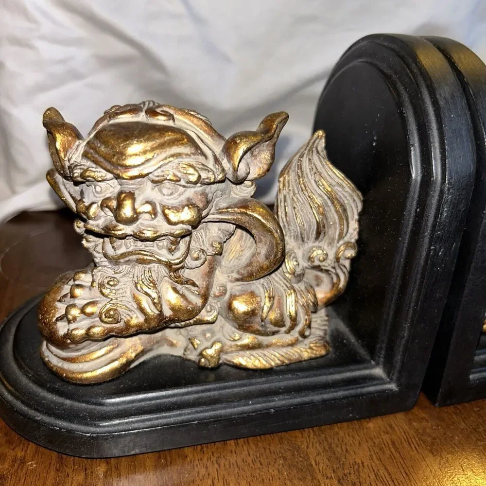 Foo Dog Chinese Bookends Golden Colored Heavy Asian‎ Decorative Bookshelf Ends