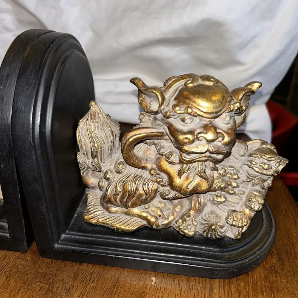 Foo Dog Chinese Bookends Golden Colored Heavy Asian‎ Decorative Bookshelf Ends