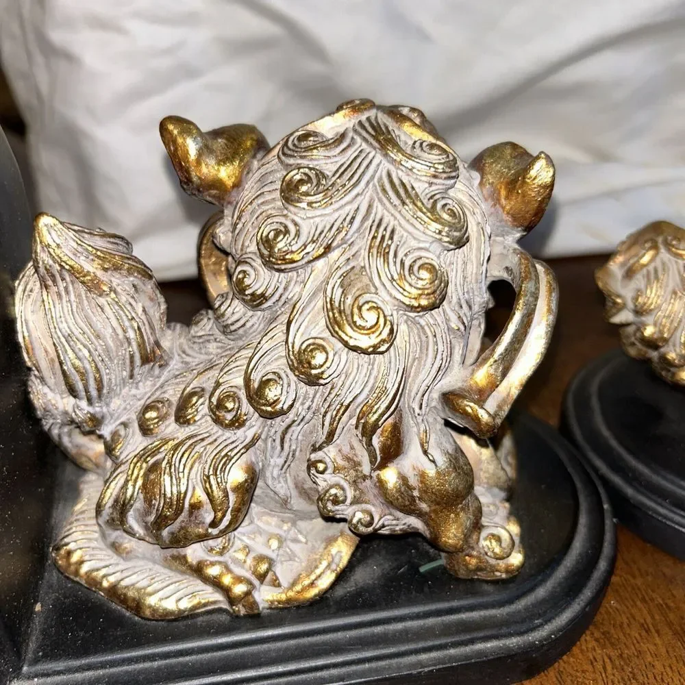 Foo Dog Chinese Bookends Golden Colored Heavy Asian‎ Decorative Bookshelf Ends