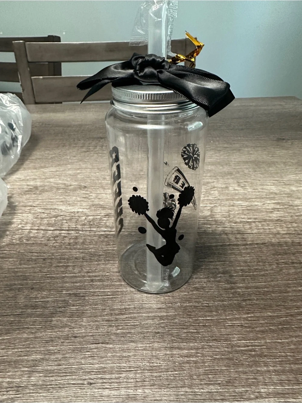 Clear Plastic Cheerleading Tumblers w/ Lid & Straw, Black Bow 12 piece