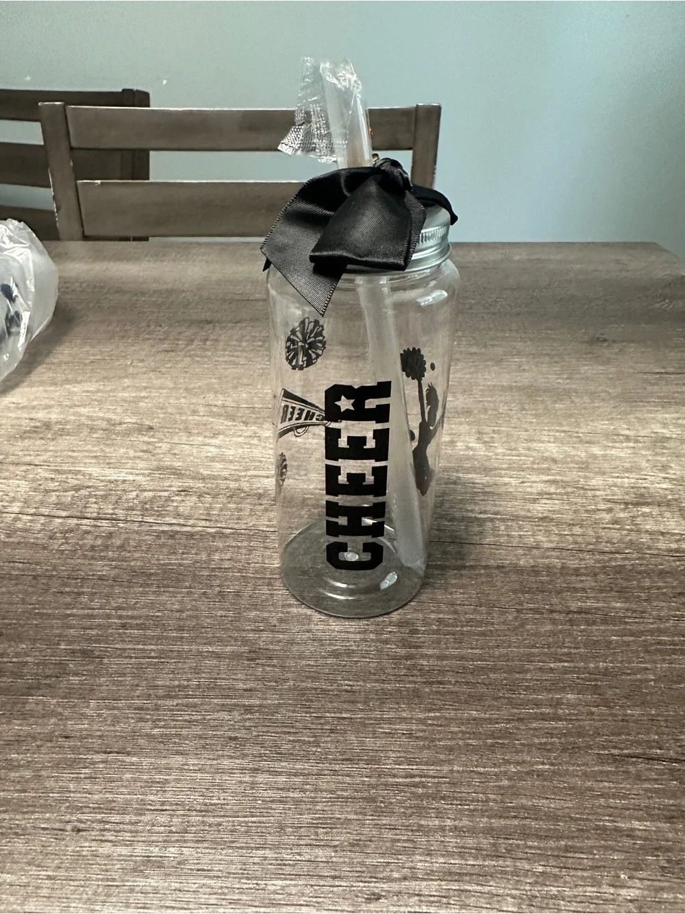 Clear Plastic Cheerleading Tumblers w/ Lid & Straw, Black Bow 12 piece