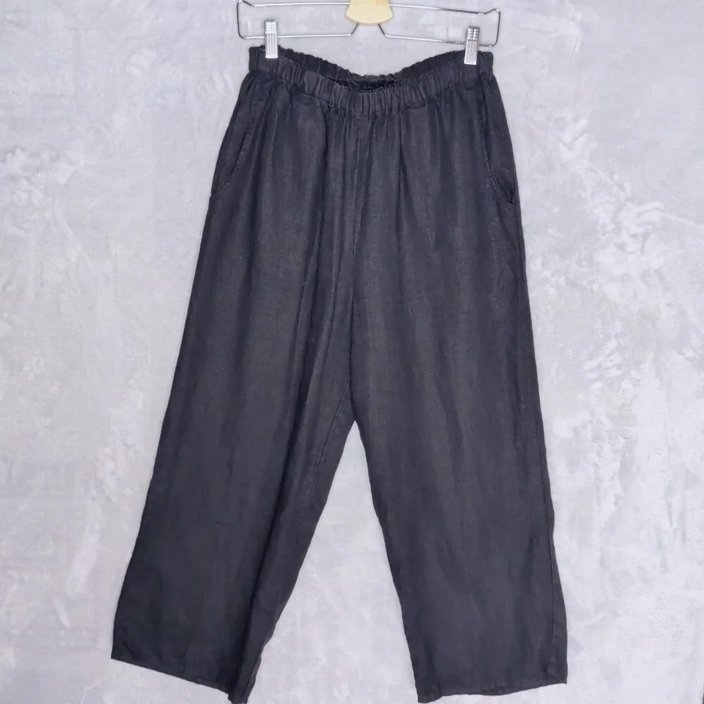 FLAX DESIGNS Black Linen Wide Leg Floods Pant Sz S Pull On Pockets Relaxed Ankle