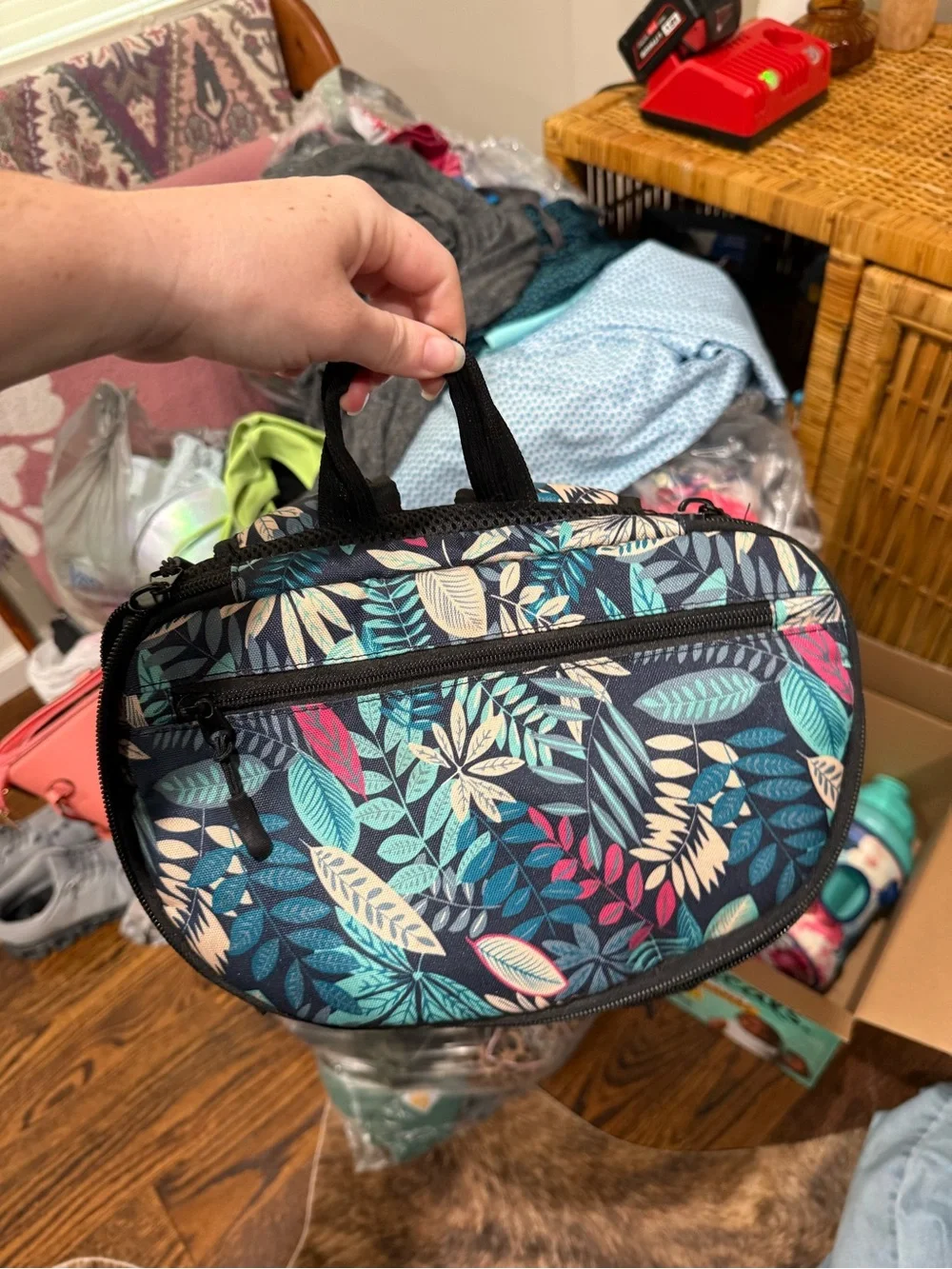 Floral Leaf Print Backpack Cooler in Teal, Navy & Pink