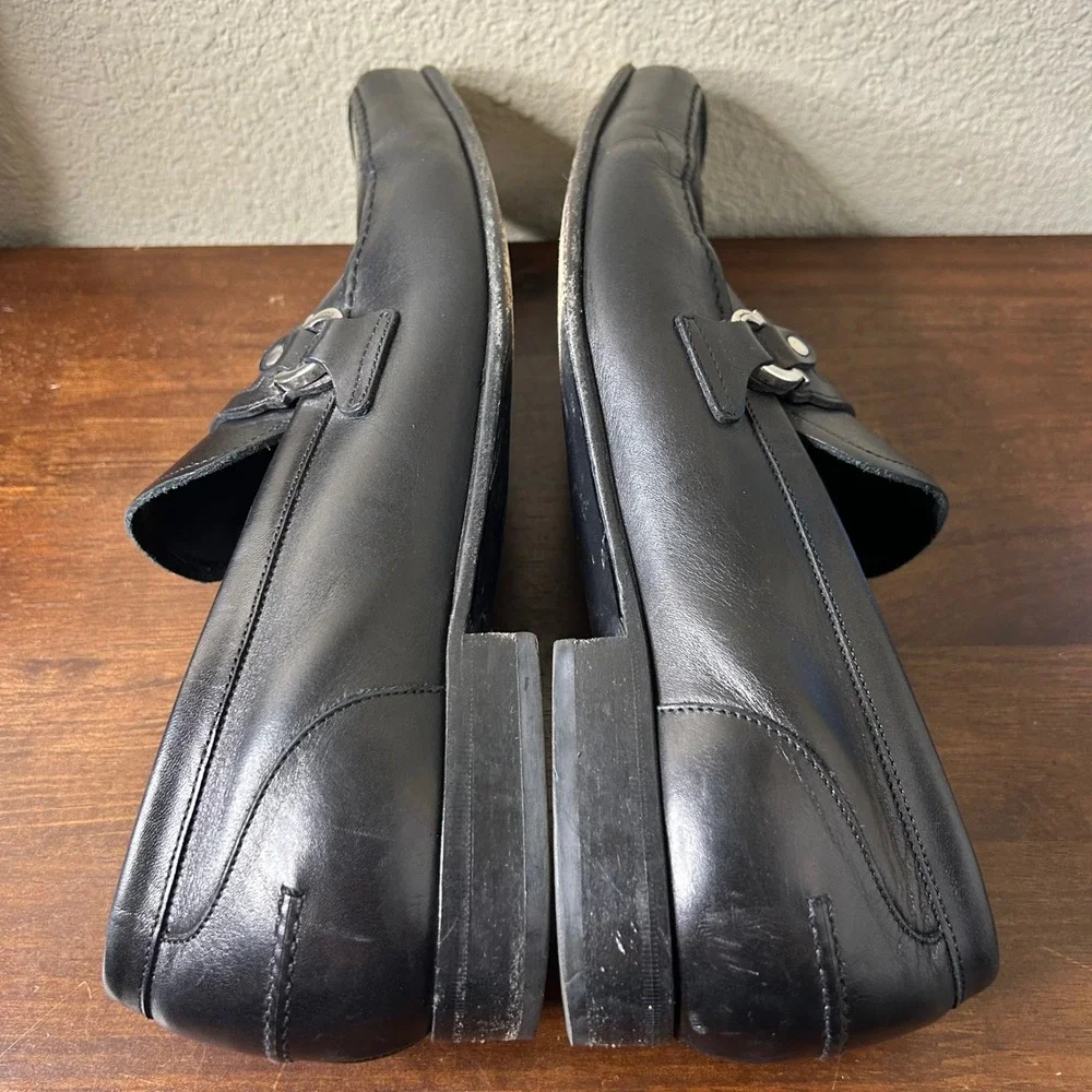 Salvatore Ferragamo Loafers 10 EE Mens Black Leather Gancini Square‎ Toe Italy