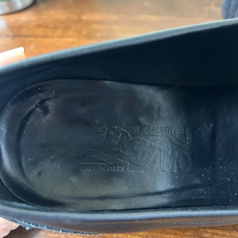 Salvatore Ferragamo Loafers 10 EE Mens Black Leather Gancini Square‎ Toe Italy
