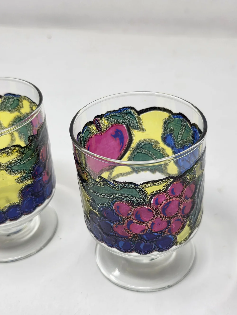 Libbey Set of 3 Colorful Hand-Painted Fruit Cocktail footed Glasses Vintage