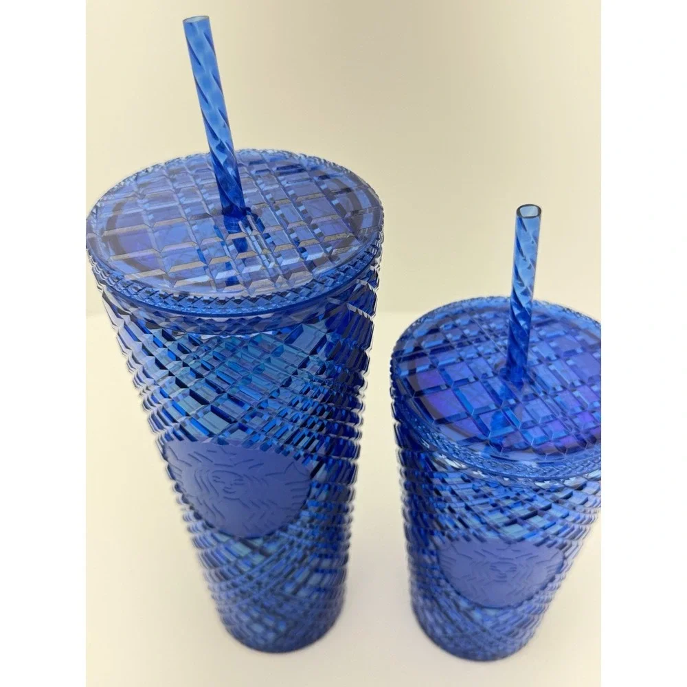 Starbucks New Blue Iridescent Grid Tumblers 24oz & 16oz Set Limited Edition Cups