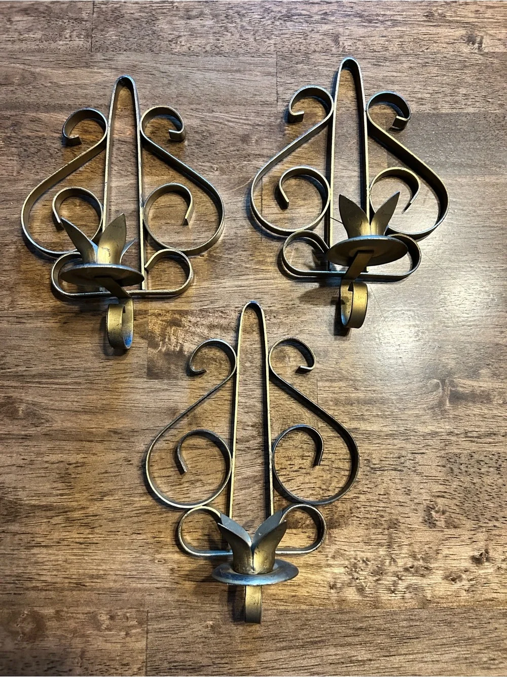 Vintage Mid-Century Bronze Toned Candle Wall Sconces - Set of 3