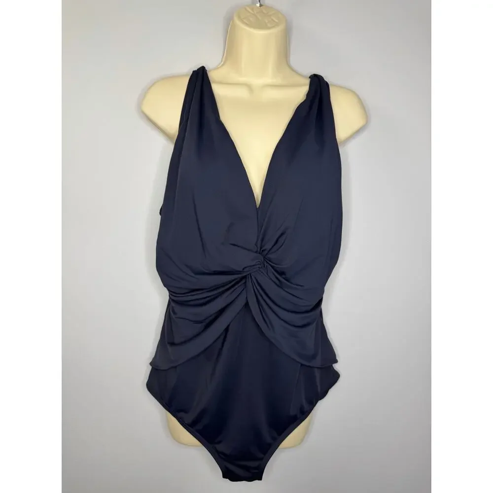 MICHAEL KORS Deep V-Twist Solid Navy One Piece Women's 20W