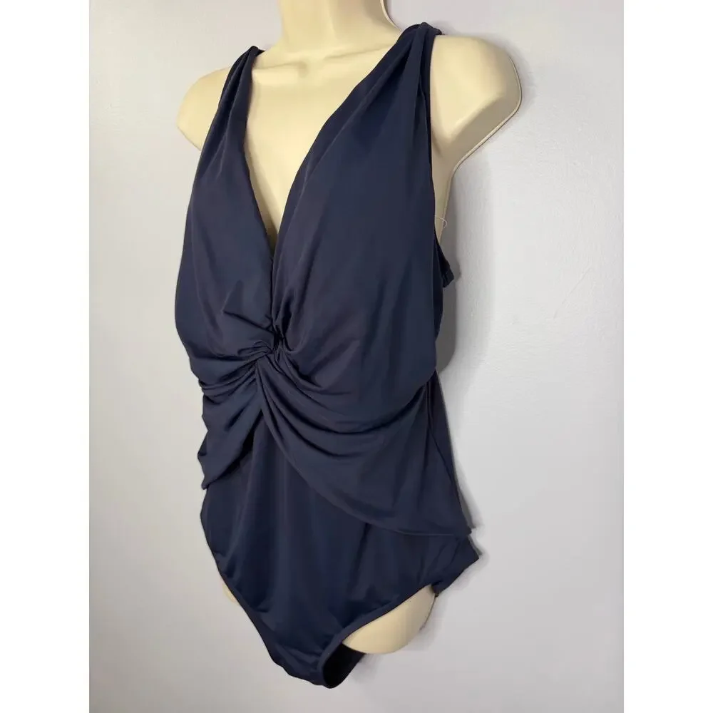 MICHAEL KORS Deep V-Twist Solid Navy One Piece Women's 20W