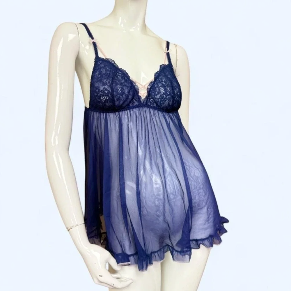 Vintage Victoria Secret Sheer‎ Babydoll Lingerie Blue Lace Y2K Womens M