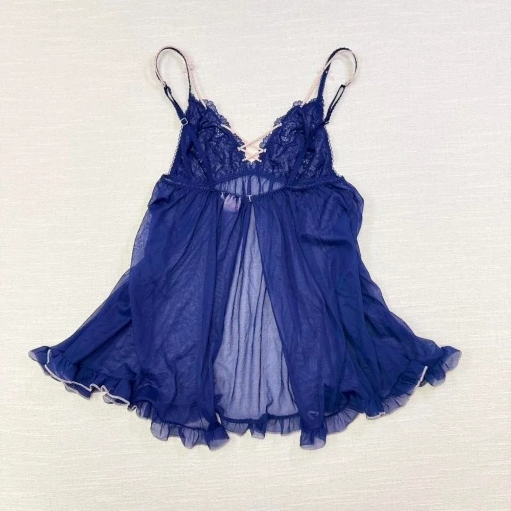 Vintage Victoria Secret Sheer‎ Babydoll Lingerie Blue Lace Y2K Womens M