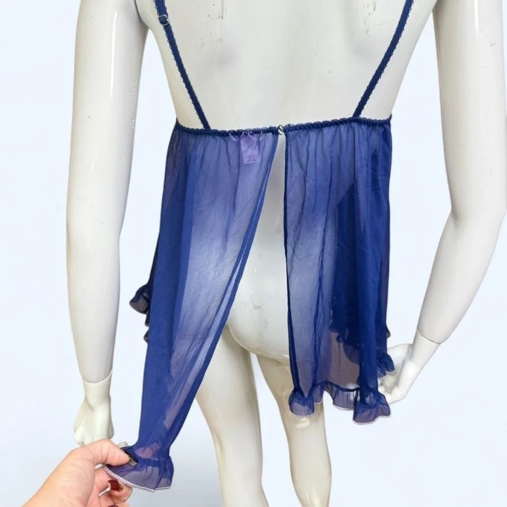 Vintage Victoria Secret Sheer‎ Babydoll Lingerie Blue Lace Y2K Womens M