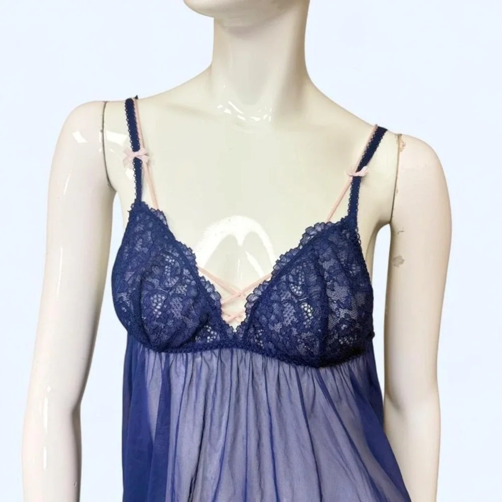 Vintage Victoria Secret Sheer‎ Babydoll Lingerie Blue Lace Y2K Womens M