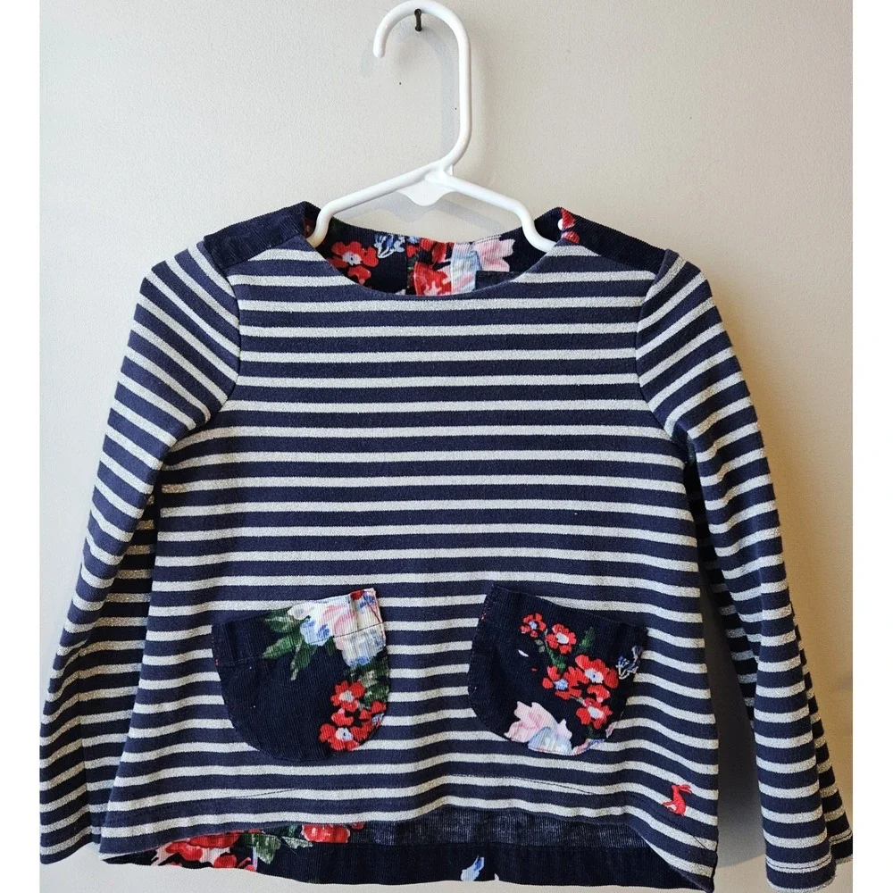 Joules Girls 2Y Navy Blue Striped Floral Tunic Top Long‎ Sleeve Pockets