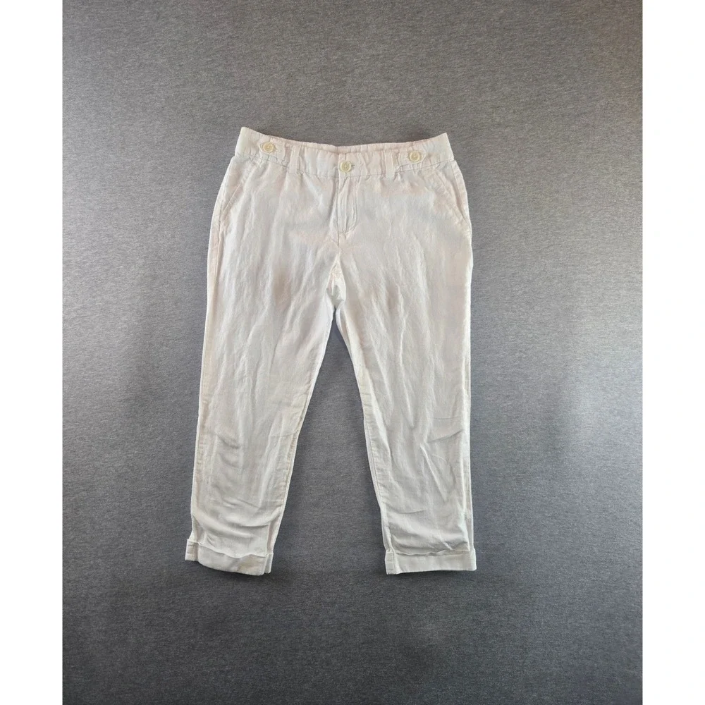 Banana Republic Linen Crop Pants Women 4P White Cuffed Button‎ Tab Trousers