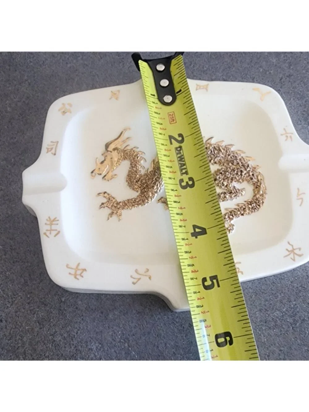 Vintage Mid-Century Ceramic Dragon Ashtray - White & Gold Textured Relief -...