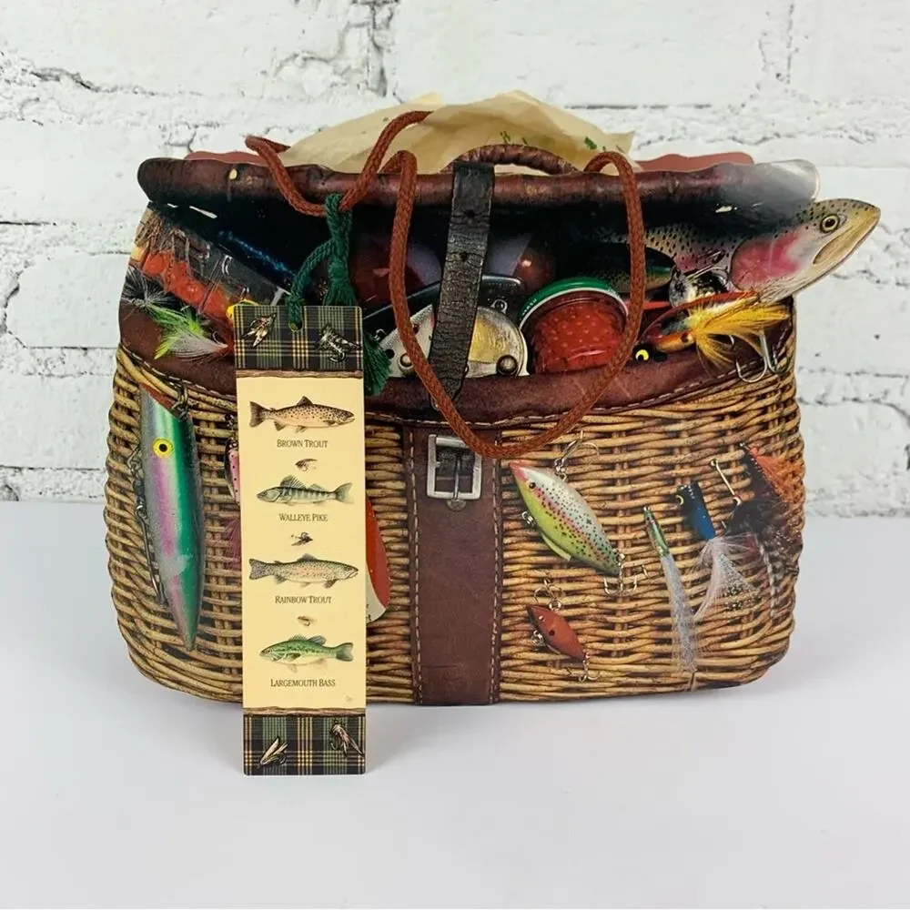 Vintage 90s Paper Gift Bag Fishing Tackle Box Theme Fathers Day Dad Present