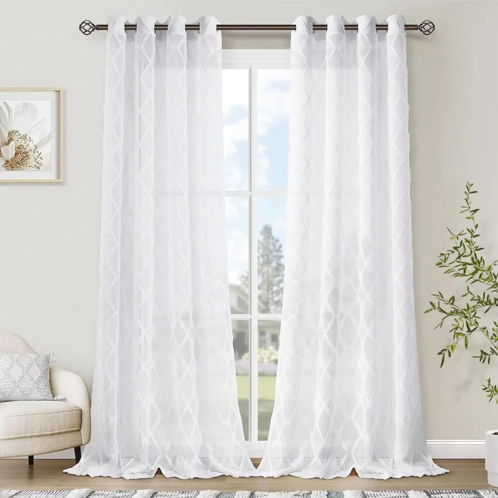 Sheer Curtains Bedroom/Living Room Trellis Pattern 54 x 108, 2 Panels White