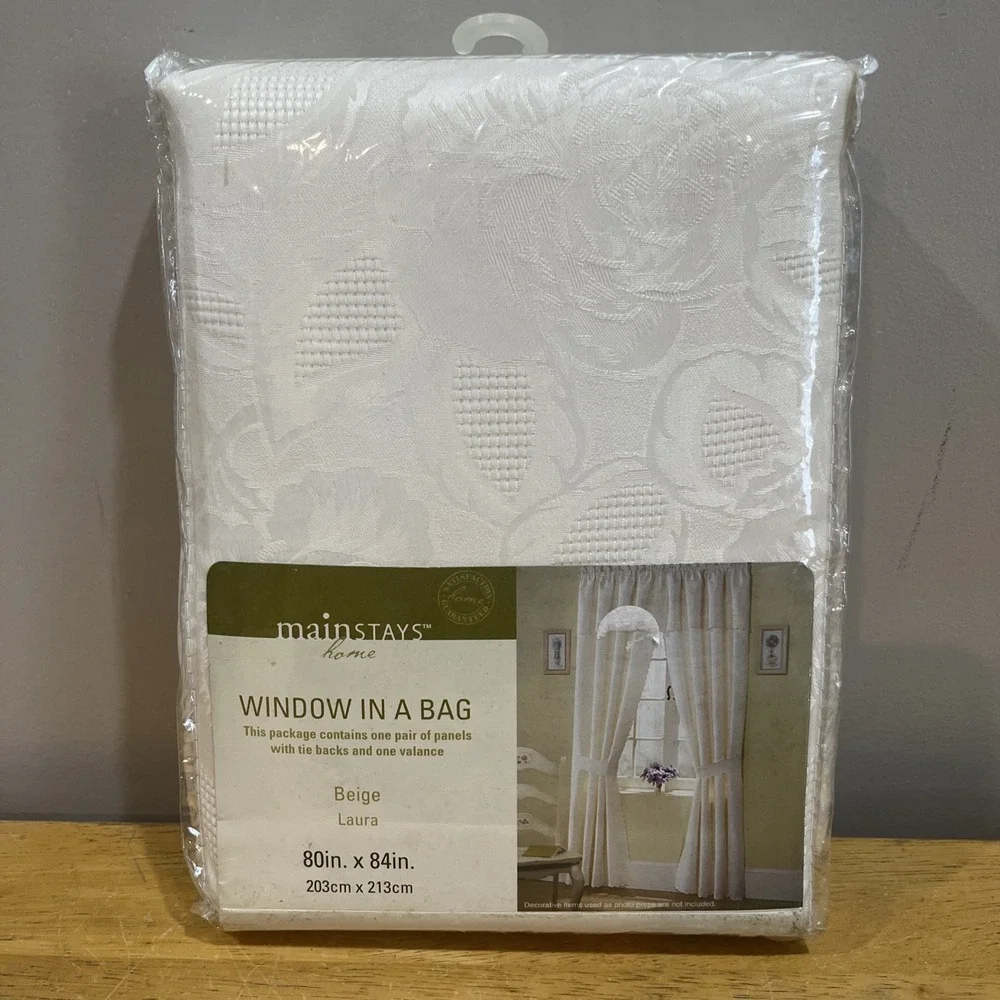 Vtg Mainstays Home 5 Piece Window Set Rose Garden‎ Ivory Cottagecore