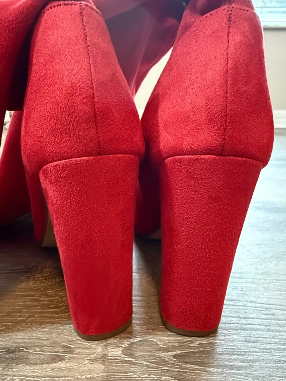 Red Faux Suede Knee High Boots SZ 9 Heart In D Block Heel Night Out Go Go Winter