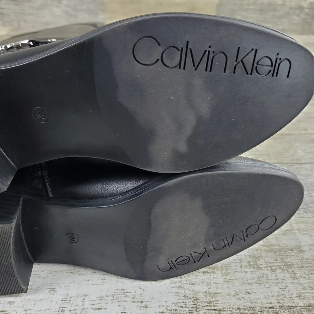 Calvin Klein Daphny Womens Knee-High Boots Sz 8 Black Leather Round Toe Side Zip