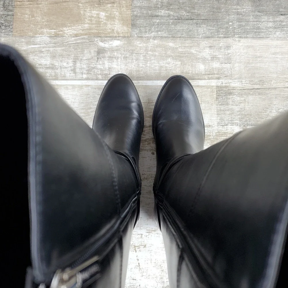 Calvin Klein Daphny Womens Knee-High Boots Sz 8 Black Leather Round Toe Side Zip