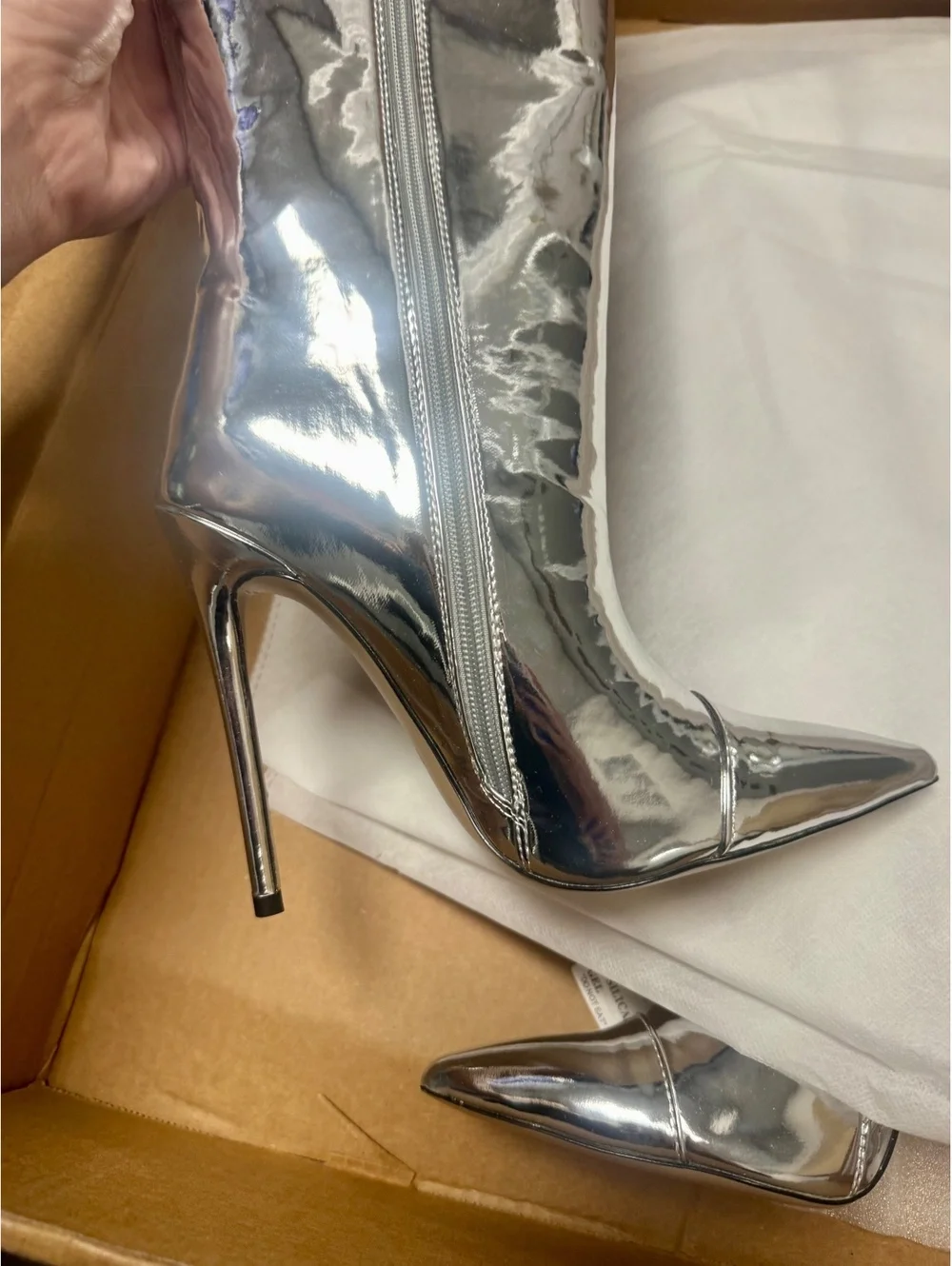 NEW Silver Metallic Knee-High Stiletto Boots Size 8